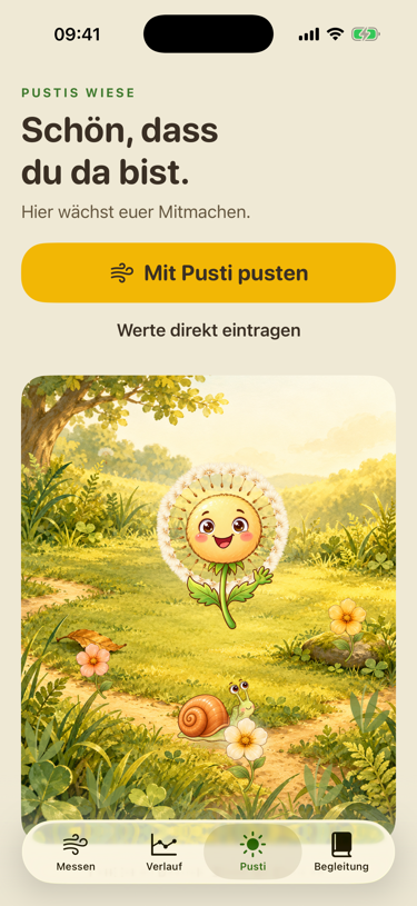 Pustis Wiese mit Pusti, Blumen und einem Wiesenfreund